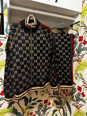 Gucci Black & Gold GG Monogram Tracksuit with Red & Green Stripes Size XXL